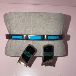 Turquoise Inlay Silver Tone Bangle with Black & Green Clip Earrings